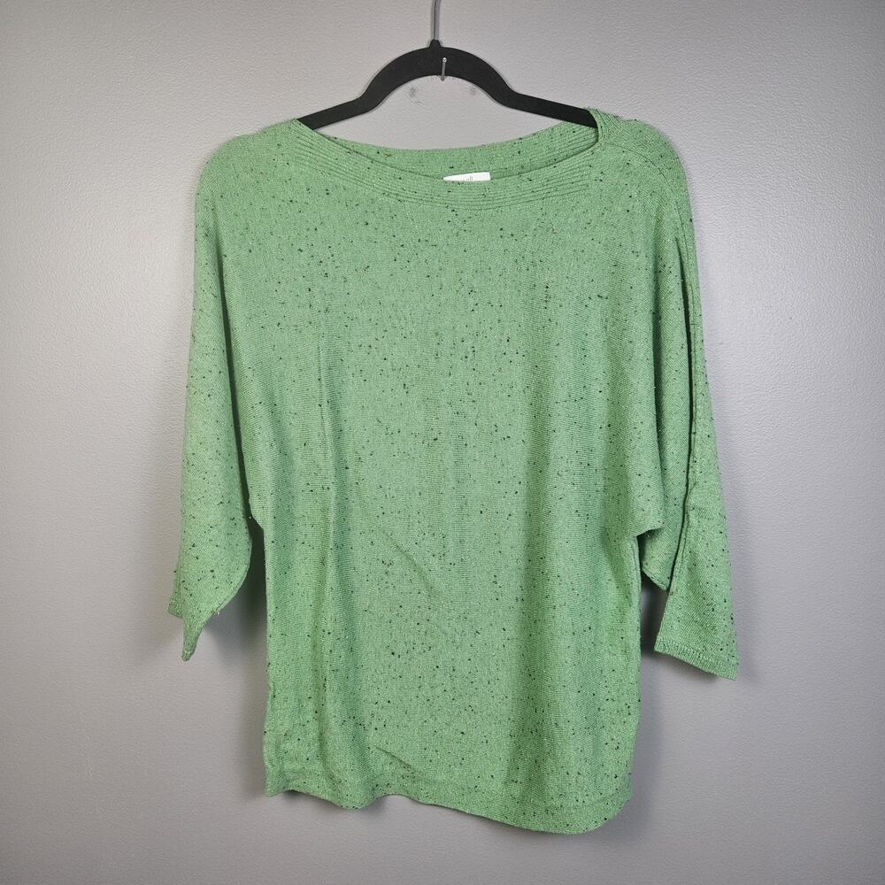 J Jill Green Knit Sweater Top Boat Neck Speckled Dolman Sleeves Women’s Sz XS‎